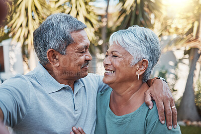 Buy stock photo Senior, selfie and outdoor couple with love, happiness and care with a smile in garden. Happy retirement, profile picture and hug of elderly people enjoying life and marriage in summer feeling relax