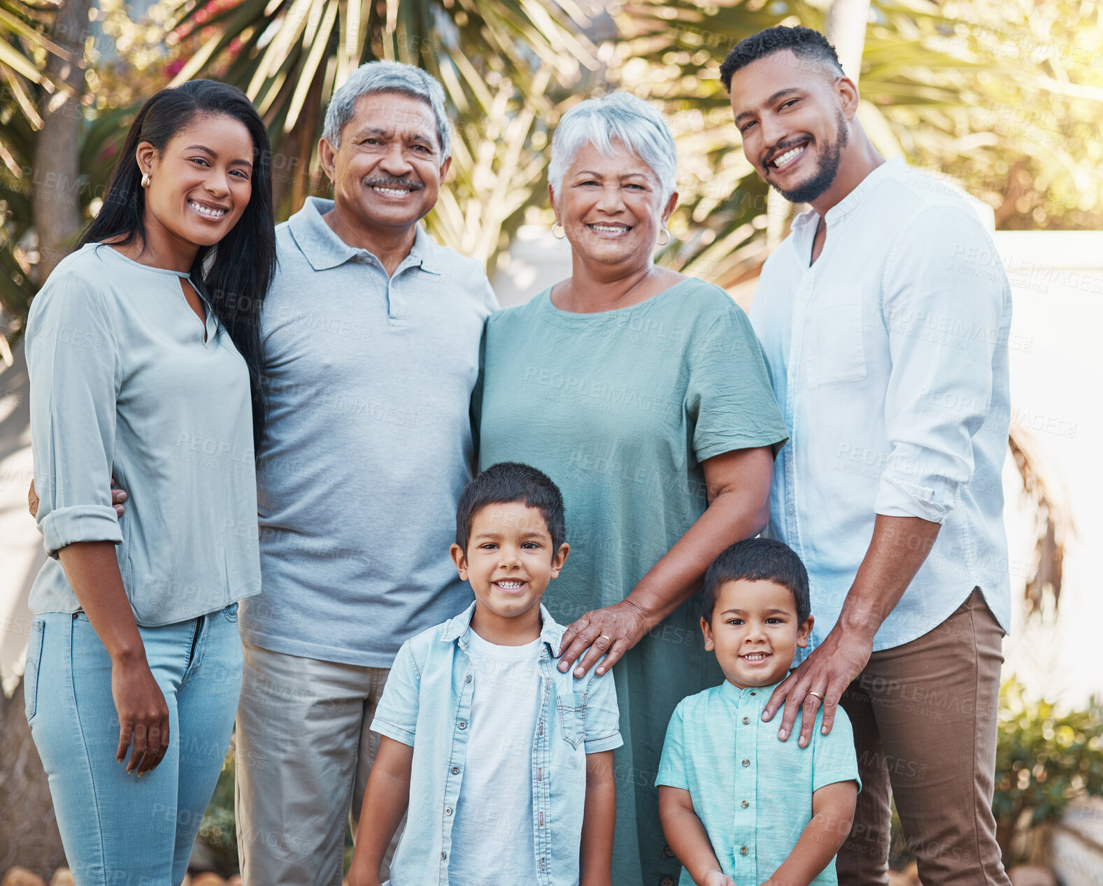 Buy stock photo Big family, children and garden portrait with outdoor wellness, love and hug for summer, holiday and retirement. Grandparents, happy couple and kids in Mexico with smile on face in nature or park