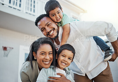 Buy stock photo Portrait, happy family and piggyback outdoor at new home, real estate loan and building mortgage together. Parents, kids and smile outdoor for property investment, moving house and future security 