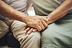 Hand holding, elderly couple and hands with love, care and peace feeling support and solidarity. Home, relax and loving gesture of an old man with woman in retirement and senior marriage at a house