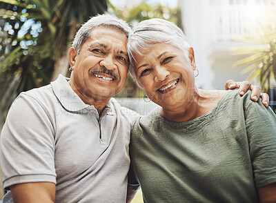 Buy stock photo Senior african couple, smile portrait and hug for love, support and care in relationship embrace, bond or happiness outdoor. Romance, happy marriage or elderly black man and woman on holiday together