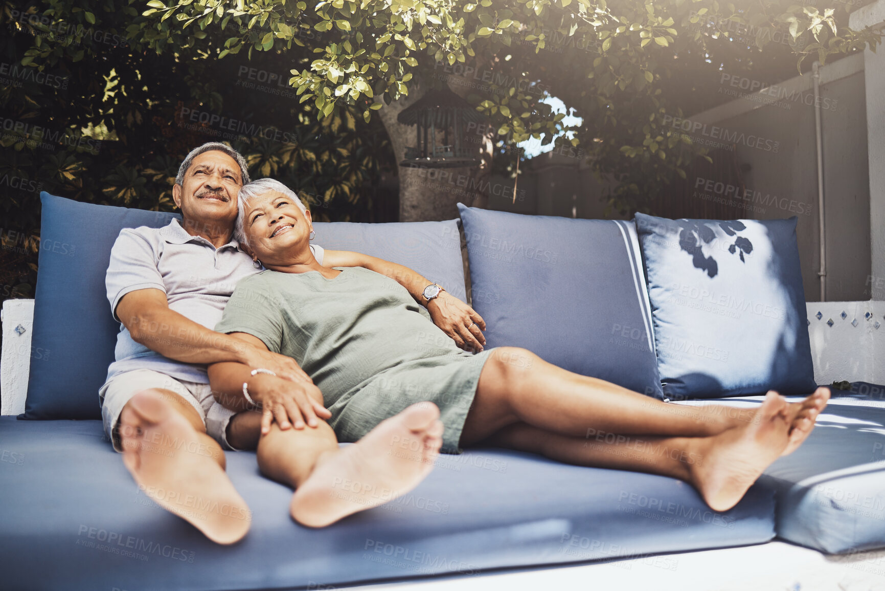 Buy stock photo Senior, couple and old people relax on retirement with love, care and support on vacation or holiday. Lovers, pensioner and elderly man and woman enjoying sitting together with happiness in marriage