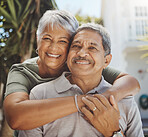 Black senior couple, hug and smile portrait for love, rretirement holiday and happiness outdoor together. African man, woman and happy quality time or marriage relationship bonding on travel vacation