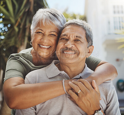 Buy stock photo Black senior couple, hug and smile portrait for love, rretirement holiday and happiness outdoor together. African man, woman and happy quality time or marriage relationship bonding on travel vacation