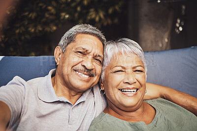 Buy stock photo Senior couple, selfie and portrait of elderly people in retirement with happiness in garden. Outdoor sofa, smile and marriage of a happy man and woman online together on holiday with love and care