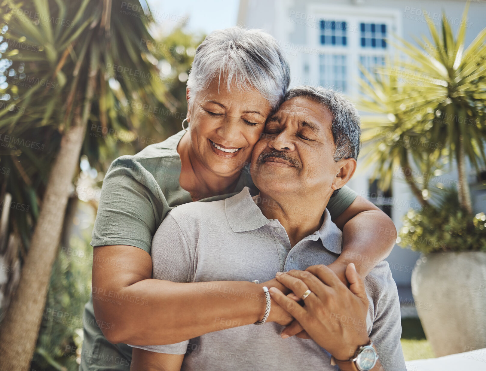 Buy stock photo Senior, couple and old man and woman hug with love, care and support outside their home or house. Lovers, pensioner and elderly people enjoying retirement together with happiness in marriage