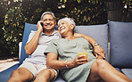 Phone call, retirement and senior couple relax on outdoor lounge for summer holiday, vacation and investment. Healthy, love and elderly people in wealth, success and rich lifestyle on smartphone