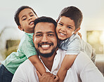 Family, portrait and children hug father with smile, happiness outdoor with summer and holiday, love and childhood. Happy, man and boys with face, bonding and comfort with care and trust in parenting