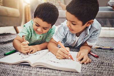 Buy stock photo Kids, brothers and drawing while learning on floor at home, relax and happy while bonding. Children, art and sketch in notebook by siblings having fun in living room, smile and enjoying brotherhood