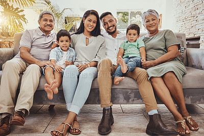 Buy stock photo Big family, generations and grandparents with parents and children in portrait at home, love and relationship. Happiness, relax outdoor with support, bond and trust, care and happy people with smile