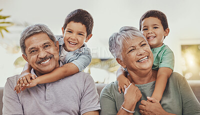 Buy stock photo Family, hug with grandparents and children in portrait, love and care with relationship, bond and together. Retirement, wellness and happiness, elderly people and kids with smile and relax outdoor