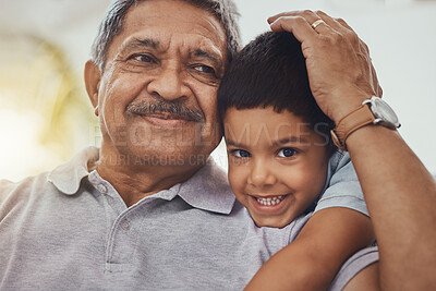 Buy stock photo Hug, family and portrait of child with grandfather enjoy weekend, holiday and vacation together at home. Love, happy and face of grandfather and boy smile for relaxing, bonding and spend quality time