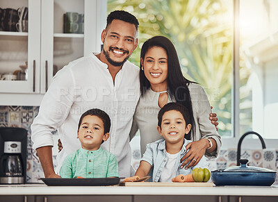 Buy stock photo Cooking, happy and portrait of family in kitchen for food, learning and support. Help, nutrition and health with parents teaching children with salad for lunch for wellness, bonding and vegetables