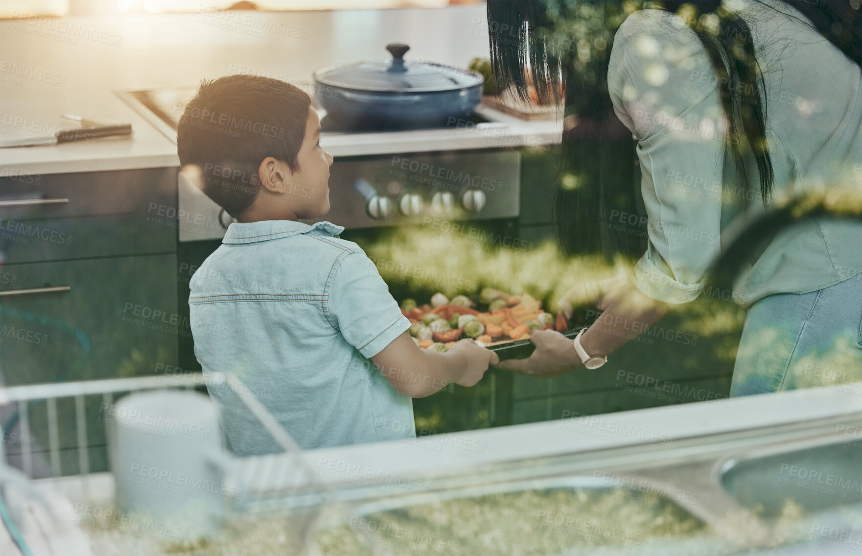 Buy stock photo Cooking, vegetables and child helping mother with food, preparation and learning by oven in kitchen. Breakfast, happy and mom and boy kid making lunch, dinner or a snack together in their family home