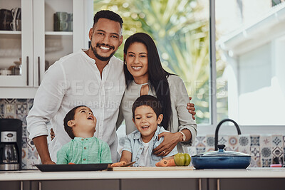 Buy stock photo Cooking, happy and portrait of family in kitchen for health, nutrition and diet wellness. Smile, bonding and food with parents and children at home with vegetables for learning, growth and help 