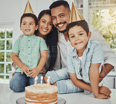 Buy stock photo Birthday, portrait and children with parents in a kitchen for cake, celebration and family bonding. Party, cake and kids with mother and father, happy and smile while celebrating, brothers and joy