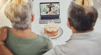 Buy stock photo Birthday, video call and senior family for virtual celebration, party cake and online love, care and retirement. Elderly people or grandparents on laptop screen with children to celebrate for holiday
