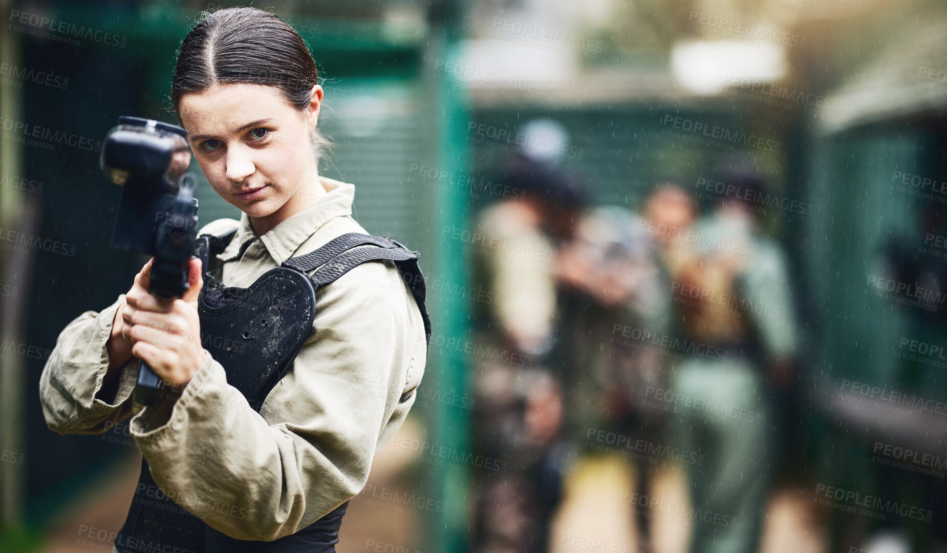 Buy stock photo Paintball portrait, woman and gun aim in gaming arena, leadership or sports teamwork in military uniform. Player, shooter and playing rifle for soldier, person or army war training in games challenge