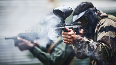 Buy stock photo Paintball, sports and smoke with gun for shooting, action and military battlefield with soldier, war and fitness outdoor. People together in camouflage, mask with weapon and game, power and lifestyle