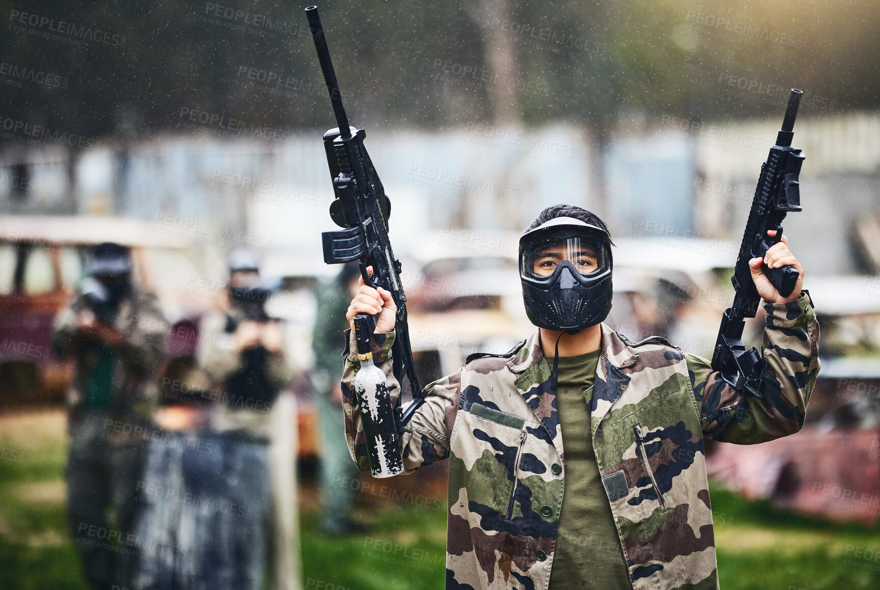 Buy stock photo Paintball, gun or man ready for a shooting game with fast action on a fun battlefield on holiday. Mission, man or player with military weapons gear for survival in an outdoor competition playground