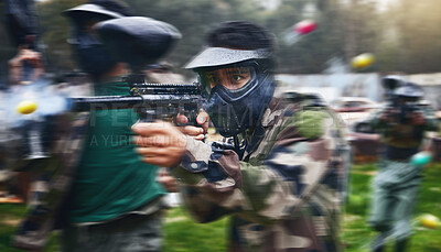 Buy stock photo Paintball gun, shooting and men in camouflage with safety gear at military game for target practice. Teamwork, sports training and war games, play with rifle and friends working together at army park