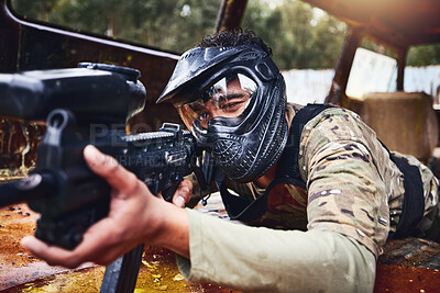 Buy stock photo Paintball, gun or soldier in a shooting game with fast action on a fun battlefield on holiday. Military mission, target or focused man with war weapons gear for survival in an outdoor competition