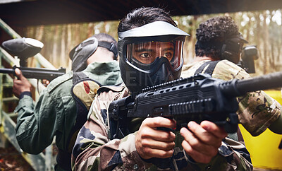 Buy stock photo Men, teamwork or paintball gun in games arena, competition or sports challenge in military uniform. Soldiers, army or people and shooting paint equipment in warfare training or battlefield protection