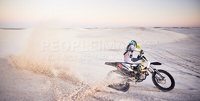 Buy stock photo Bike, sand landscape or man speed on motor cross for sport workout, sunset ride or exercise on hill. Nature, sky or man riding for speed adventure in Dubai desert for training, fitness or race energy
