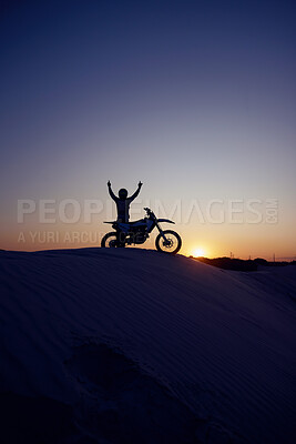 Buy stock photo Motorcycle, sport and silhouette of man winner on bike at night for exercise, wellness or workout in nature. Fitness sports, health or motorbike person celebrate on desert dirt sand or hill mountain
