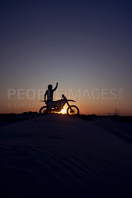 Buy stock photo Motorcycle, success and person silhouette celebrating victory against a night, sky and background in nature. Sports, motorbike and biker stop for accomplishment, achievement and biking on dirt road