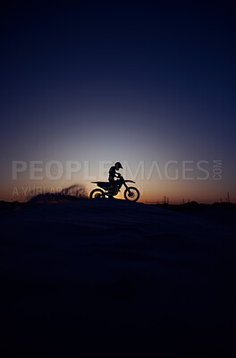 Buy stock photo Night, sky and silhouette, person and motorcycle riding in nature, extreme sports on mockup background. Biking, motorbike and person driving on dirt road, dark and shadow, stunt or adventure, freedom