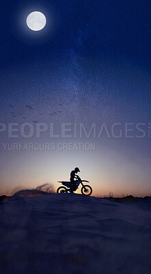 Buy stock photo Motorcycle, sport and silhouette riding against night, sky and background in nature, extreme sports and adrenaline. Biking, motorbike and person driving on dirt road, dark and shadow, stunt and free