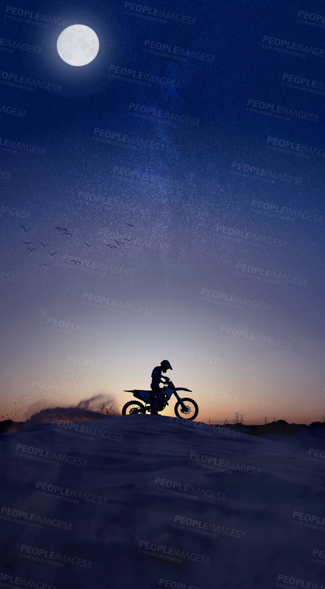 Buy stock photo Motorcycle, sport and silhouette riding against night, sky and background in nature, extreme sports and adrenaline. Biking, motorbike and person driving on dirt road, dark and shadow, stunt and free