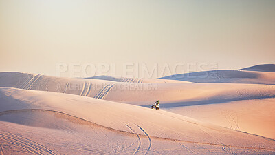 Buy stock photo Motorcycle, Dubai desert or man on bike for sport workout, sunset ride or exercise on hill. Nature, sky or male riding for speed adventure freedom in sand landscape training, fitness or sports race