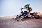 Moto cross, sand landscape or man on bike in flare lens for sport workout, sunset ride or exercise on hill. Nature, sky or man riding for speed adventure in Dubai desert for training, fitness or race