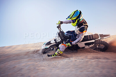 Buy stock photo Moto cross, sand hill or man on bike for extreme sport workout, sunset ride or exercise on dirt. Nature, sky or person riding for speed adventure in Dubai desert for training, fitness or race