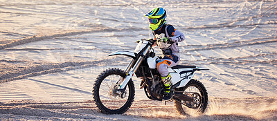 Buy stock photo Motorcycle, desert race and extreme sport expert with agile speed, power or balance in nature. Motorbike man, rally and sand on fast vehicle with helmet, safety clothes and motivation for motorsport