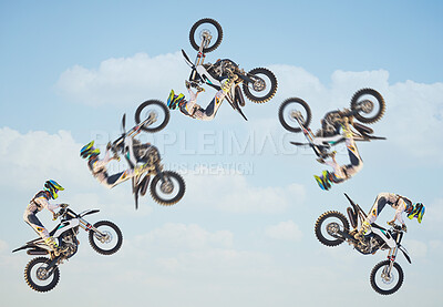 Buy stock photo Motorcycle, sky jump race and air stunt for extreme sport expert for agile speed, power or balance in nature. Motorbike man, clouds and flip on fast vehicle with helmet, safety clothes and motivation