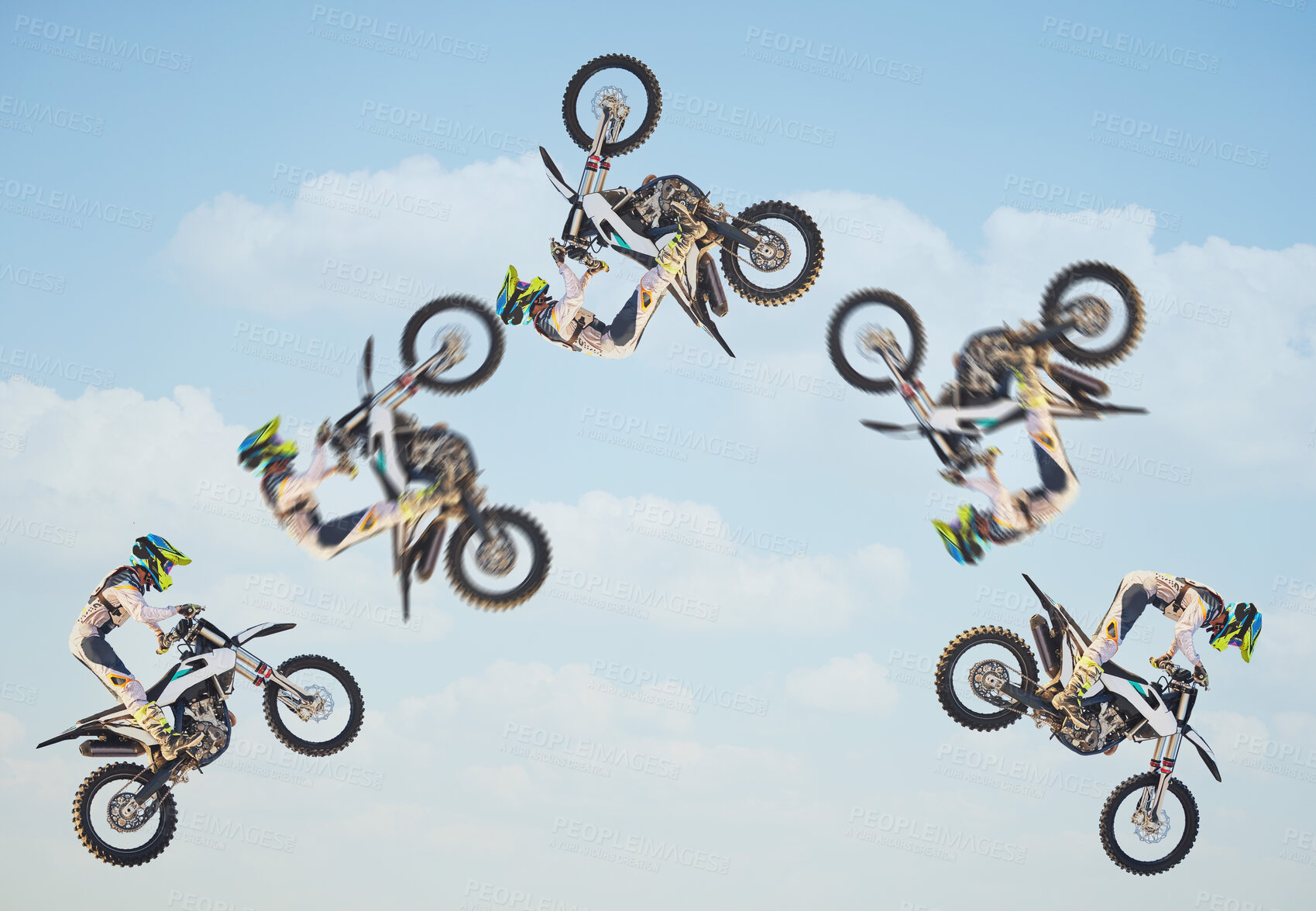 Buy stock photo Motorcycle, sky jump race and air stunt for extreme sport expert for agile speed, power or balance in nature. Motorbike man, clouds and flip on fast vehicle with helmet, safety clothes and motivation