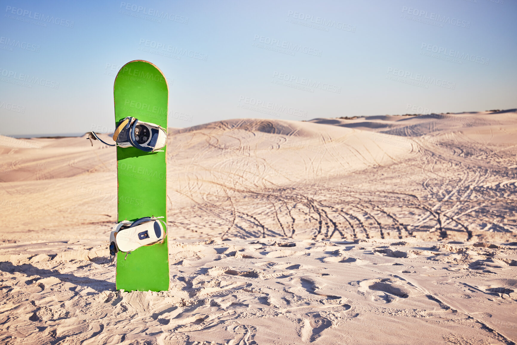 Buy stock photo Sandboard, sports and nature with desert sand, dunes and hills with no people and sport equipment. Exercise, fitness, and mockup of deserted landscape in Dubai with bike tracks and mock up space