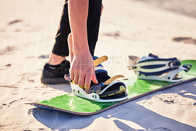 Buy stock photo Sand, adventure and feet of man with board for desert surfing, extreme sports and action hobby in nature. Freedom, holiday travel and athlete outdoors for fitness, exercise and dune surfer training
