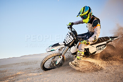 Buy stock photo Desert, moto cross or sports adventure athlete in sand for exercise, workout or speed. Travel, dirt and bike with energy of man in Dubai race on dirt with challenge and sport fitness with freedom 