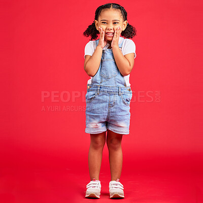 Buy stock photo Happy, youth and portrait of girl on red background for happy childhood, positive mindset and smile. Fashion, summer style and cute face of girl in studio with funny, comic and meme facial expression