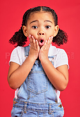 Buy stock photo Wow, surprise face and portrait of girl on red background for with omg, comic and shock facial expression. Kids fashion, mockup and cute girl in studio for promotion, sale and discount announcement