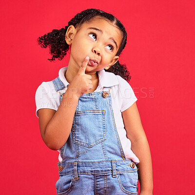 Buy stock photo Child, face or thinking finger on chin on isolated red background in games innovation, question or planning vision. Little girl, kid or curious expression in ideas, fashion clothes or curly hairstyle