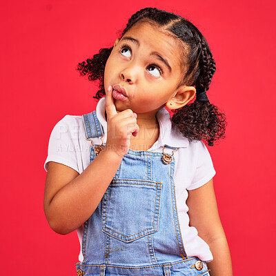 Buy stock photo Little girl, ideas or thinking face by isolated red background in games innovation, question or planning vision. Kid, expression or curious finger on chin, children fashion clothes or curly hairstyle