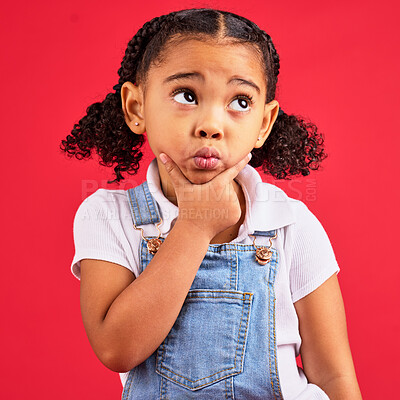 Buy stock photo Kid, ideas or thinking face by isolated red background in games innovation, question or planning vision. Little girl, expression or curious finger on chin, children fashion clothes or curly hairstyle