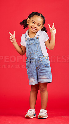 Buy stock photo Happy, peace sign and smile with portrait of girl for summer, happiness and funny face. Meme, fashion and cute with child and hand gesture for youth, comedy and positive in red background studio 