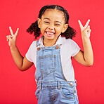 Happy, peace sign and wink with portrait of girl for summer, happiness and funny face. Meme, fashion and smile with child and hand sign for youth, comedy and positive in red background studio 