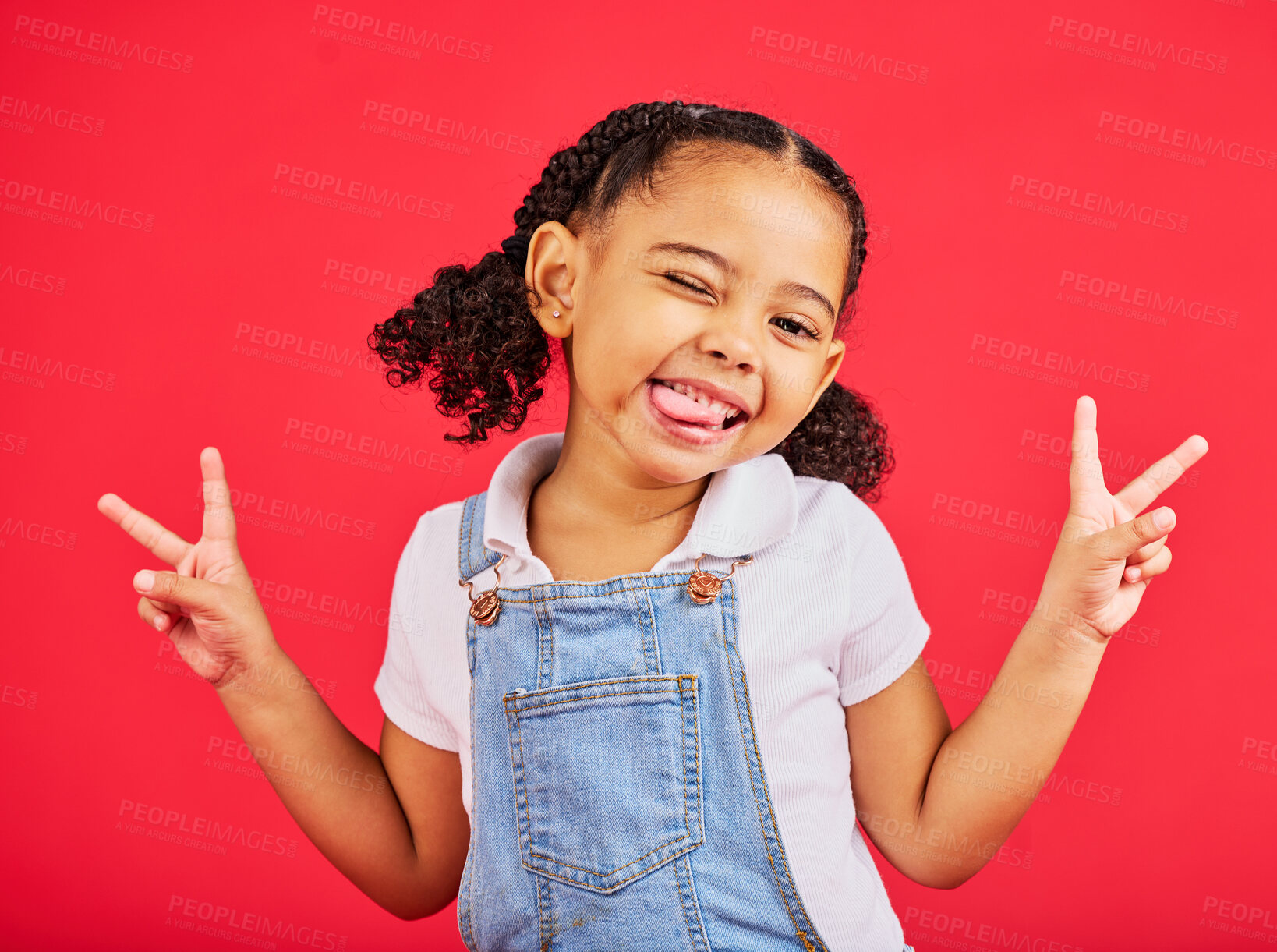 Buy stock photo Happy, peace sign and wink with portrait of girl for summer, happiness and funny face. Meme, fashion and smile with child and hand gesture for youth, comedy and positive in red background studio 